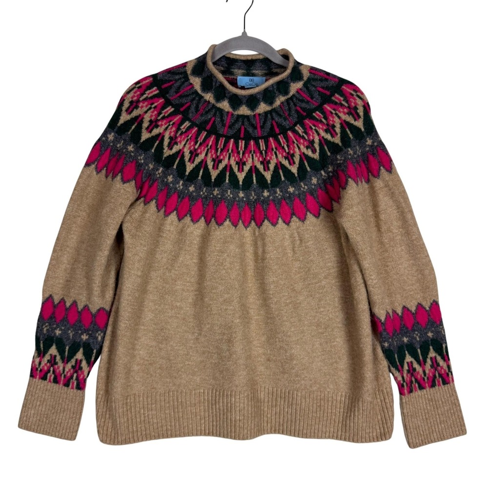 CeCe Sweater Womens Large Beige Fair Isle Mock Neck Long Sleeve Knit Pullover